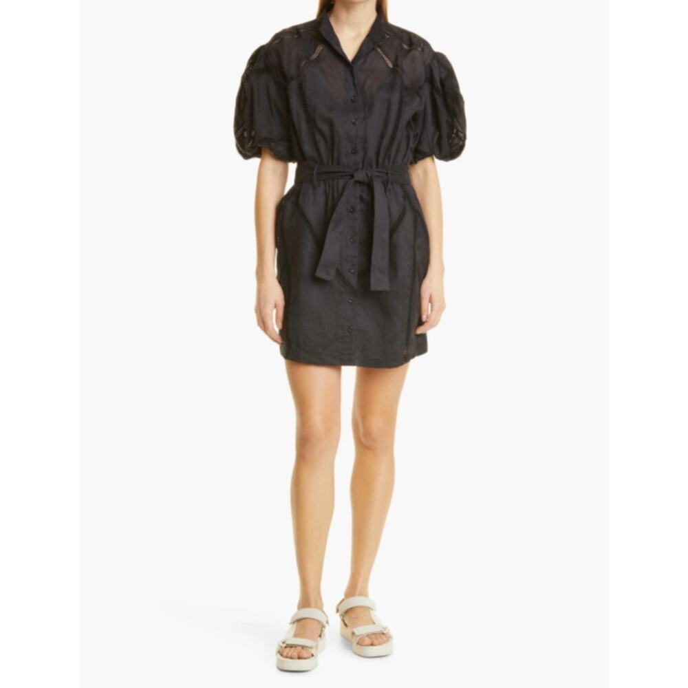 FRAME Inset Lace Puff Sleeve Minidress Black Ramie Size Small